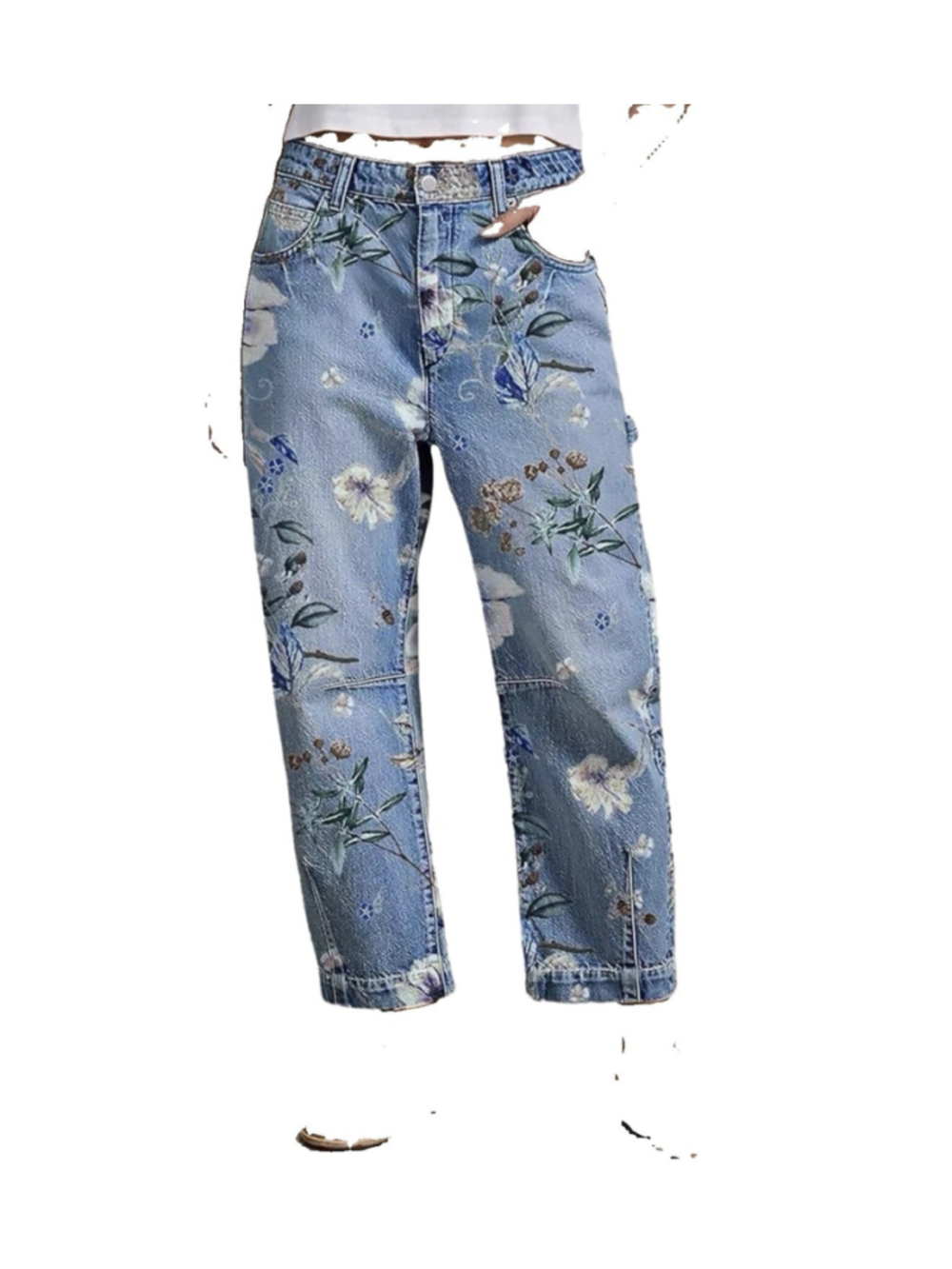 Flamingals Mid Rise Barrel Leg Jeans for Women Wash Floral Print Flap Casual M